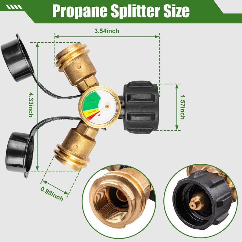 Propane Tank Y Splitter with Gauge and Shut Off Valve 2-Way LP Gas Adapter