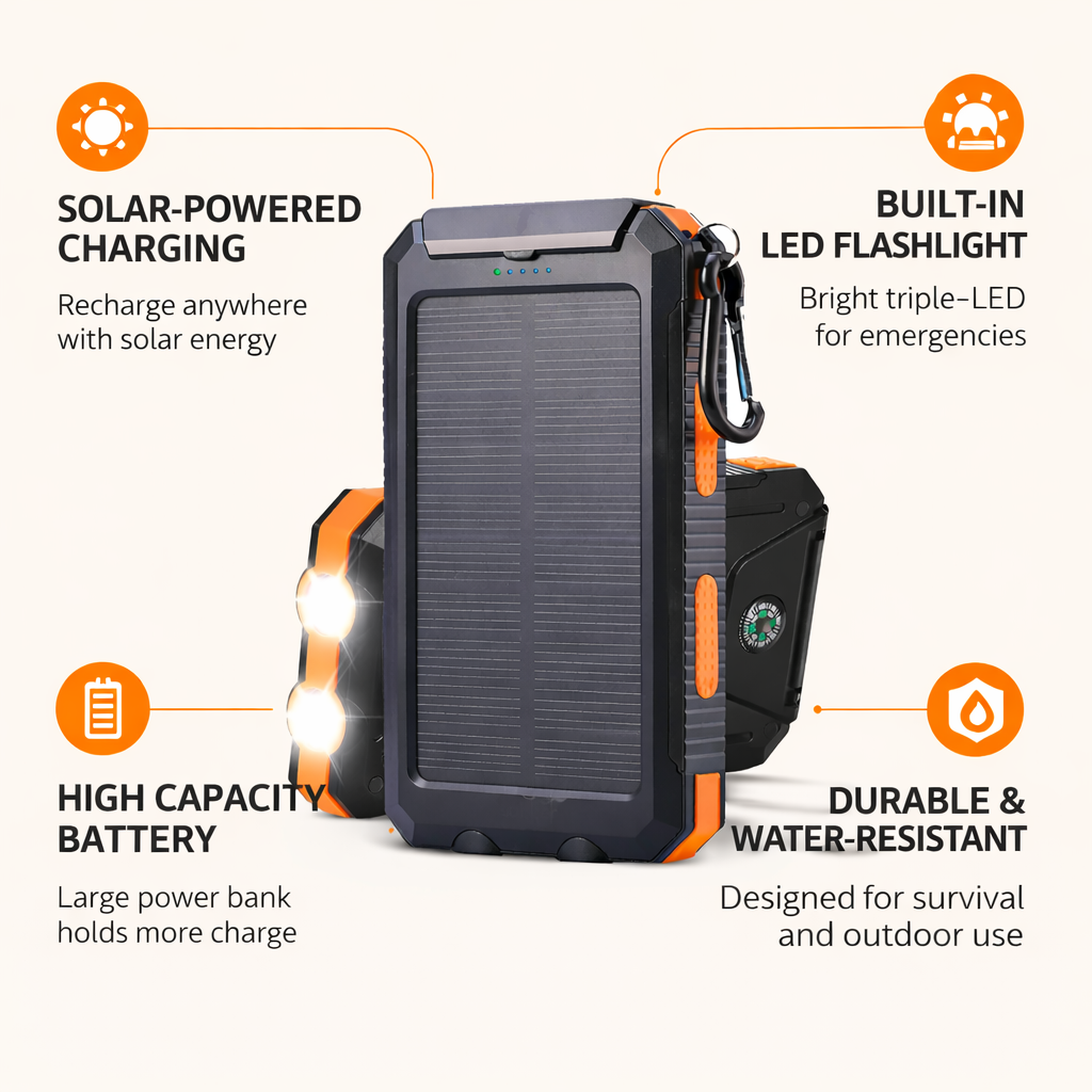 Portable Solar Power Bank 20000mAh External Battery Charger Fast Charge