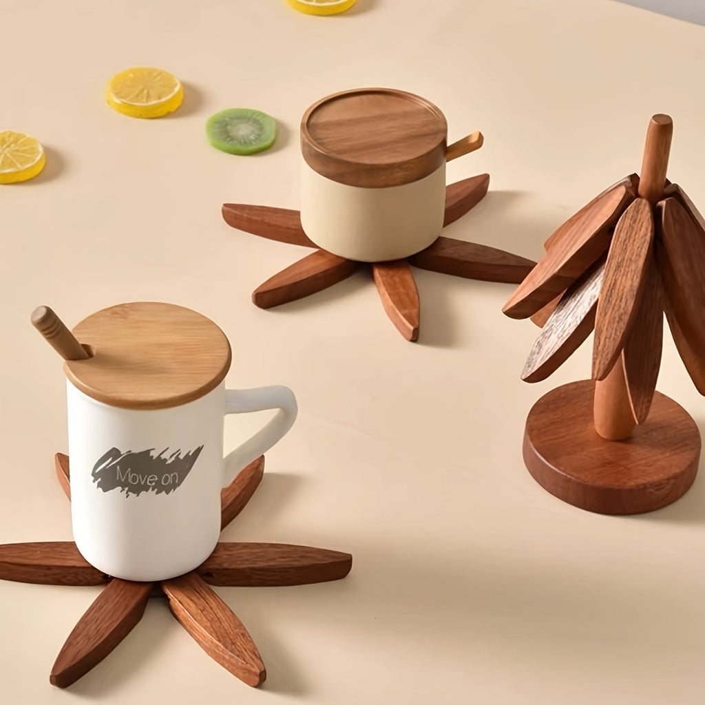Wood Round Trivets Set with Tree Shape Stand