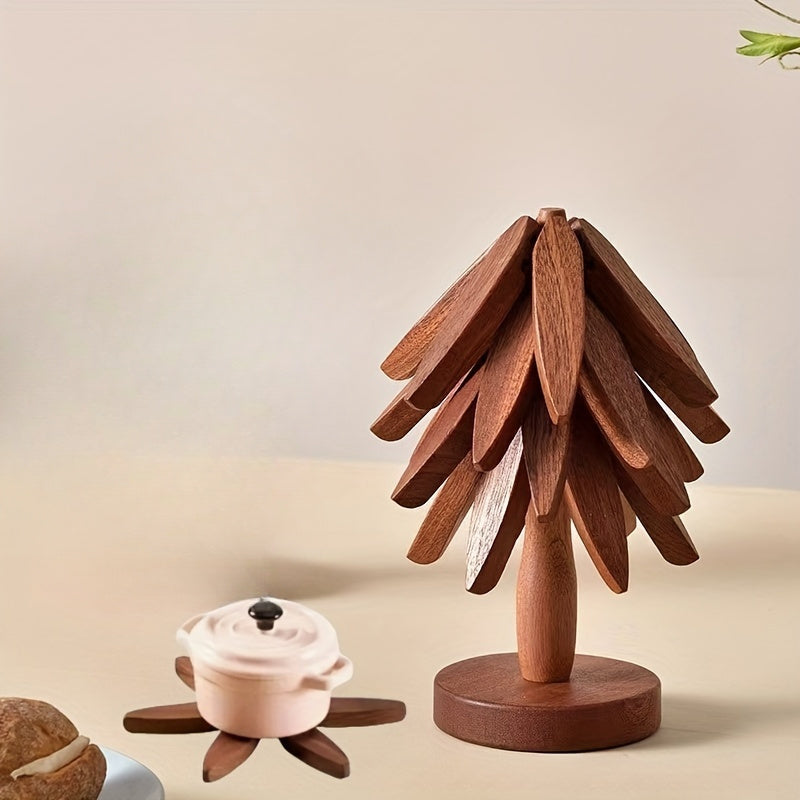 Wood Round Trivets Set with Tree Shape Stand