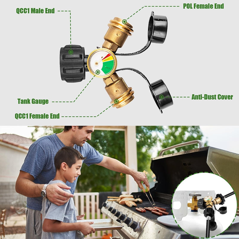 Propane Tank Y Splitter with Gauge and Shut Off Valve 2-Way LP Gas Adapter