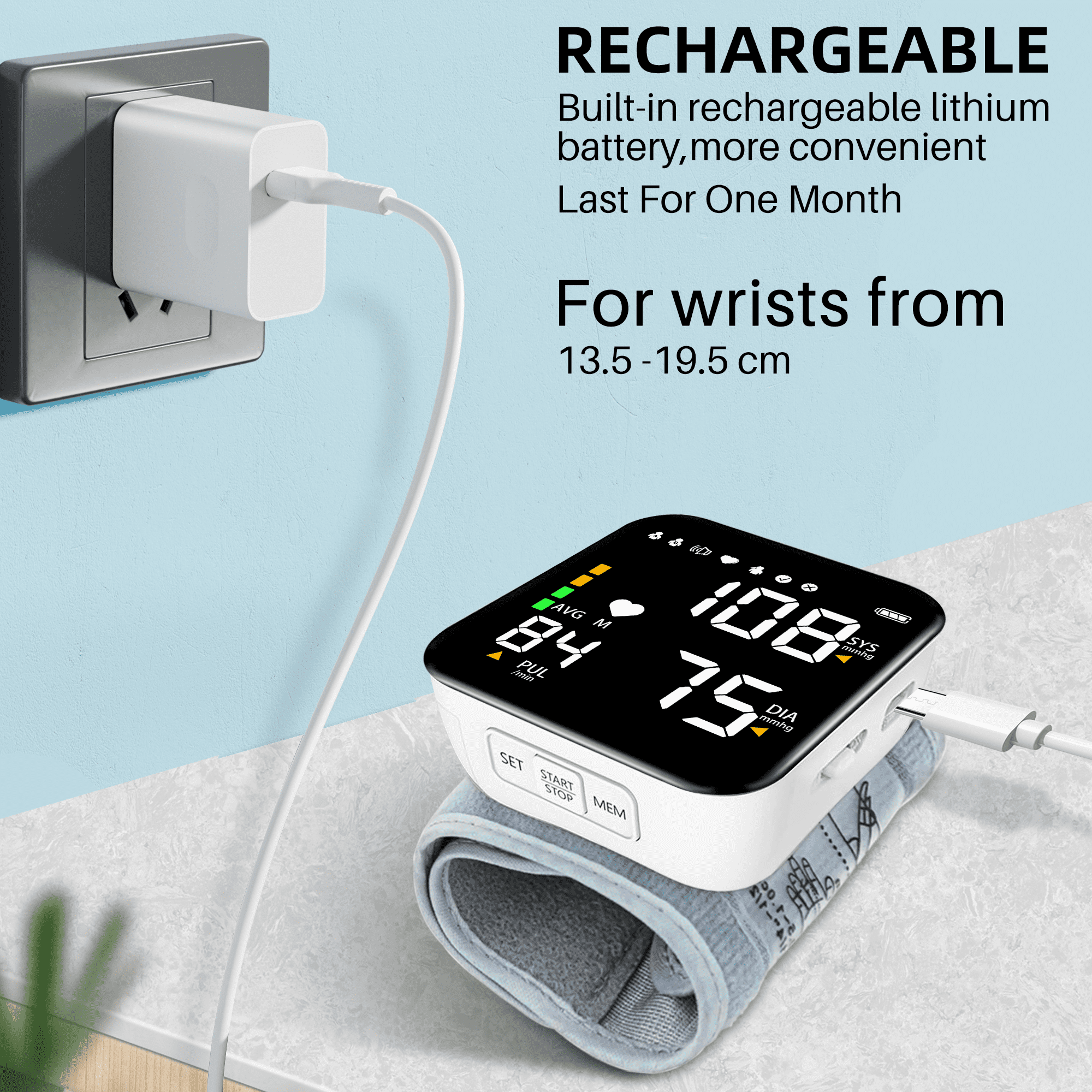 Automatic Wrist Blood Pressure Monitor Adjustable Cuff Large LCD Display