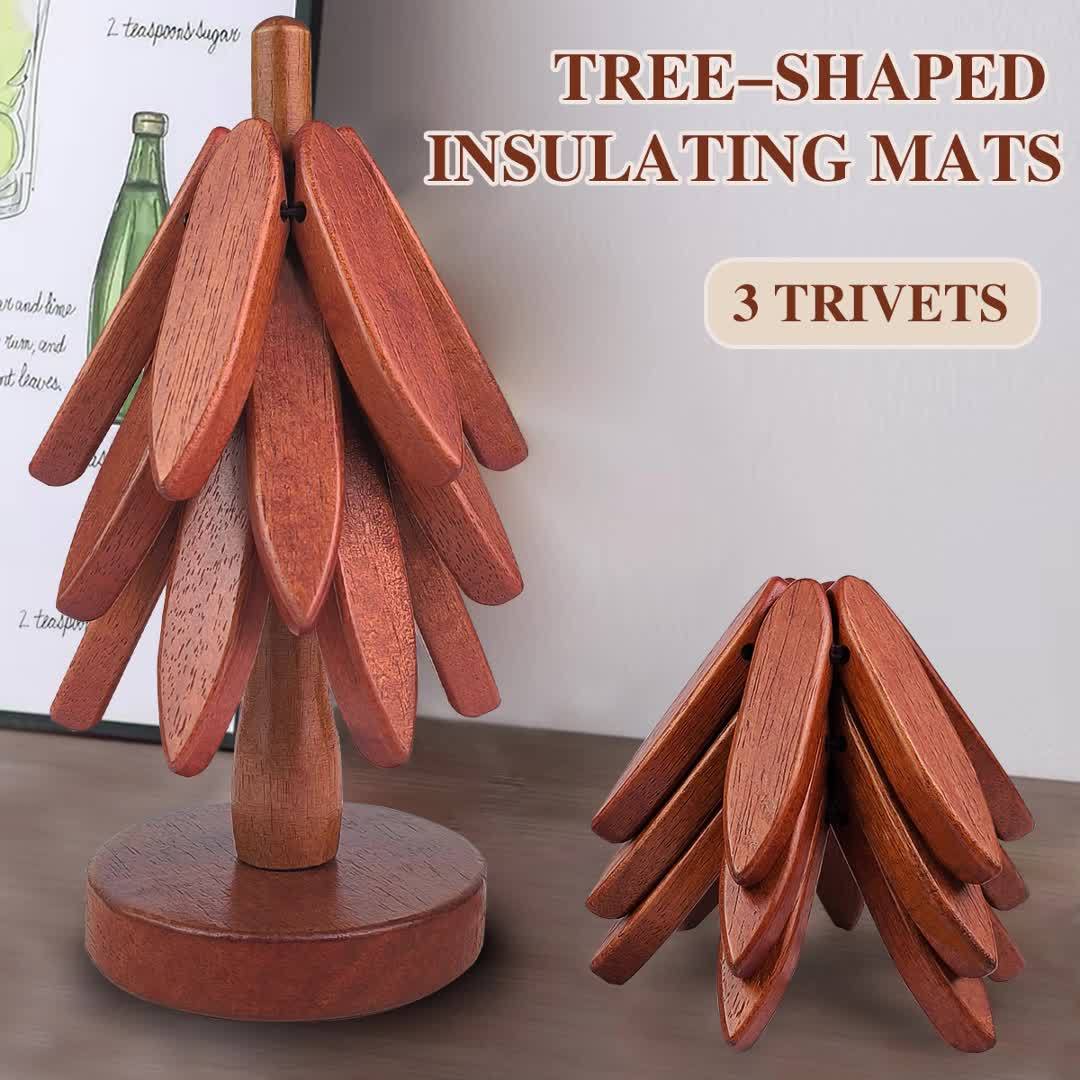 Wood Round Trivets Set with Tree Shape Stand