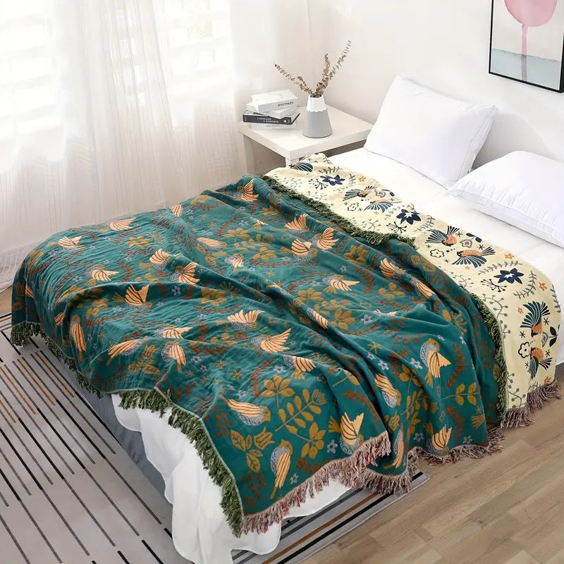 Square Cotton Throw Blanket Nordic Bird Pattern