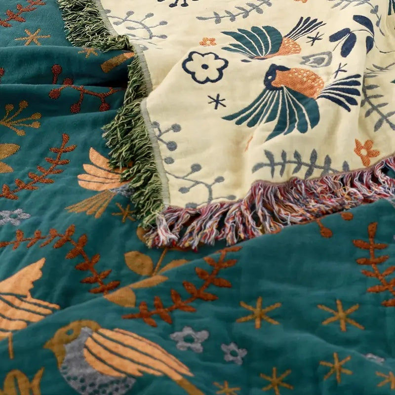 Square Cotton Throw Blanket Nordic Bird Pattern