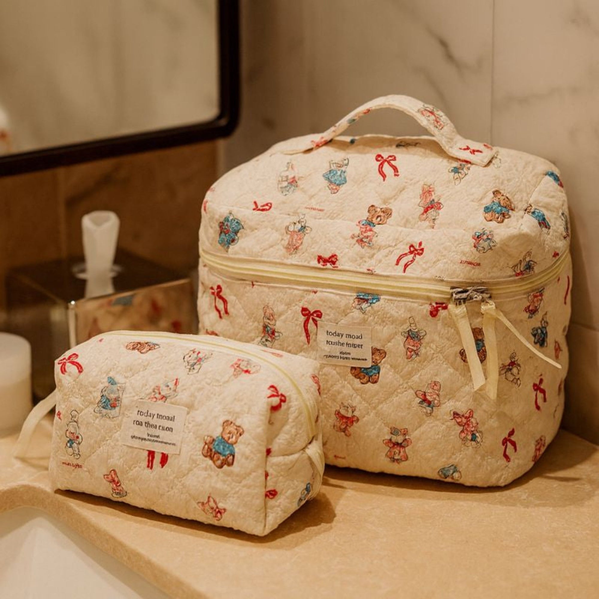 3 Piece Quilted Cosmetic Bag Set with Cartoon Design