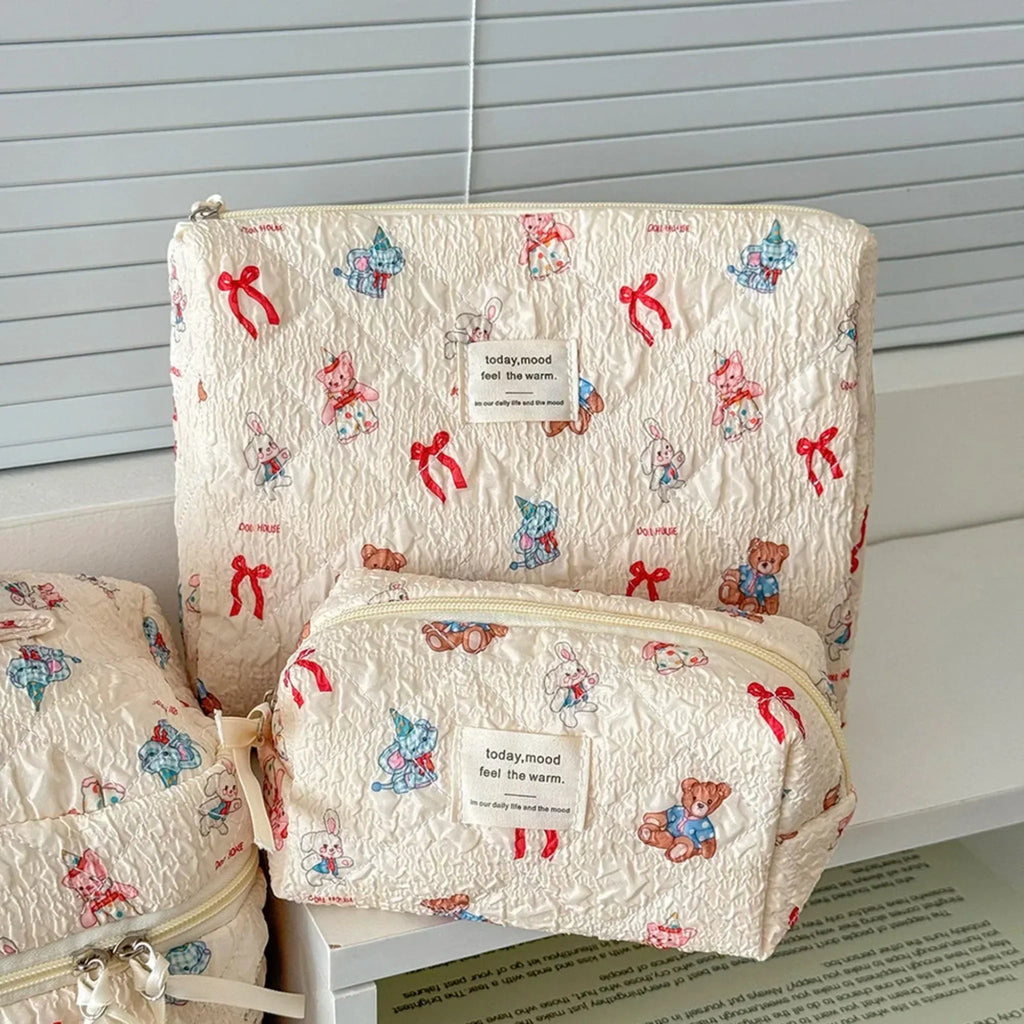 3 Piece Quilted Cosmetic Bag Set with Cartoon Design