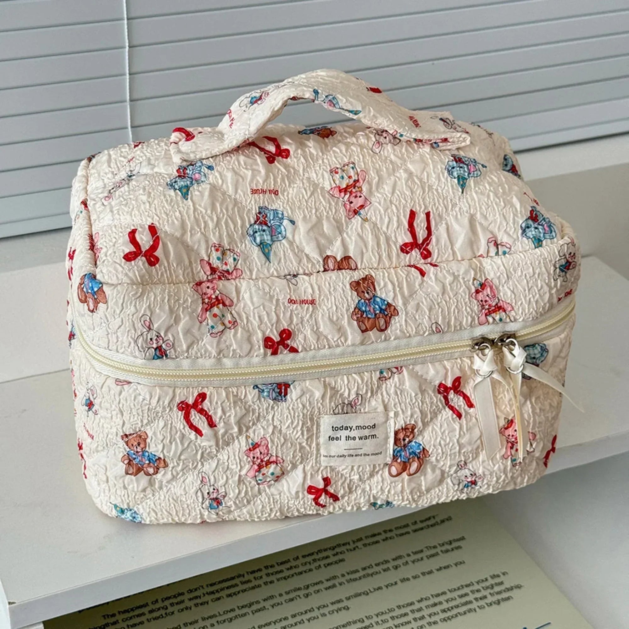 3 Piece Quilted Cosmetic Bag Set with Cartoon Design