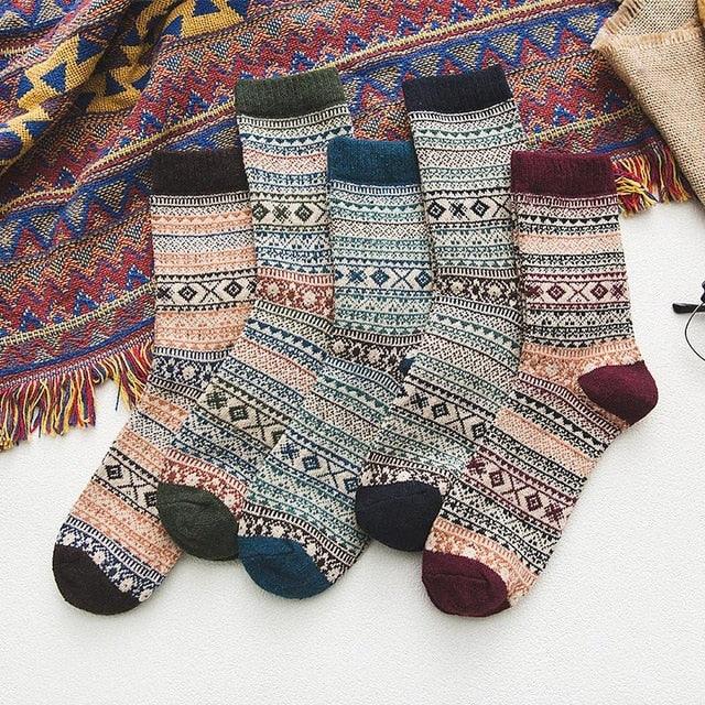 Wool Blend Crew Length Winter Socks Scandinavian Pattern