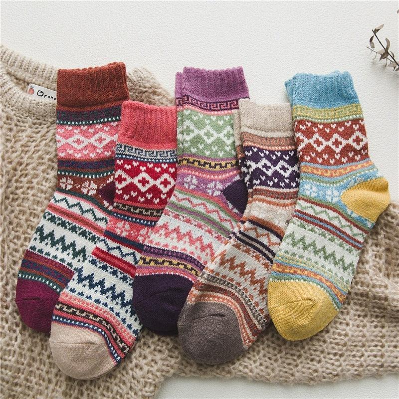 Wool Blend Crew Length Winter Socks Scandinavian Pattern