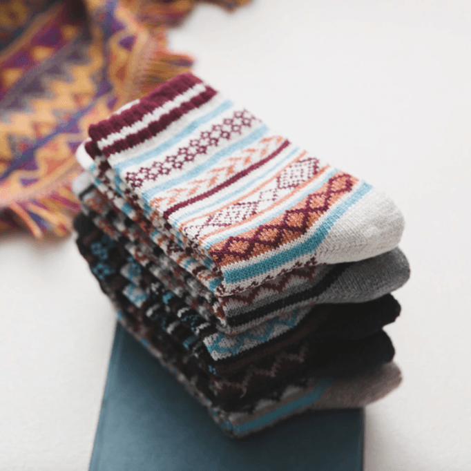 Wool Blend Crew Length Winter Socks Scandinavian Pattern