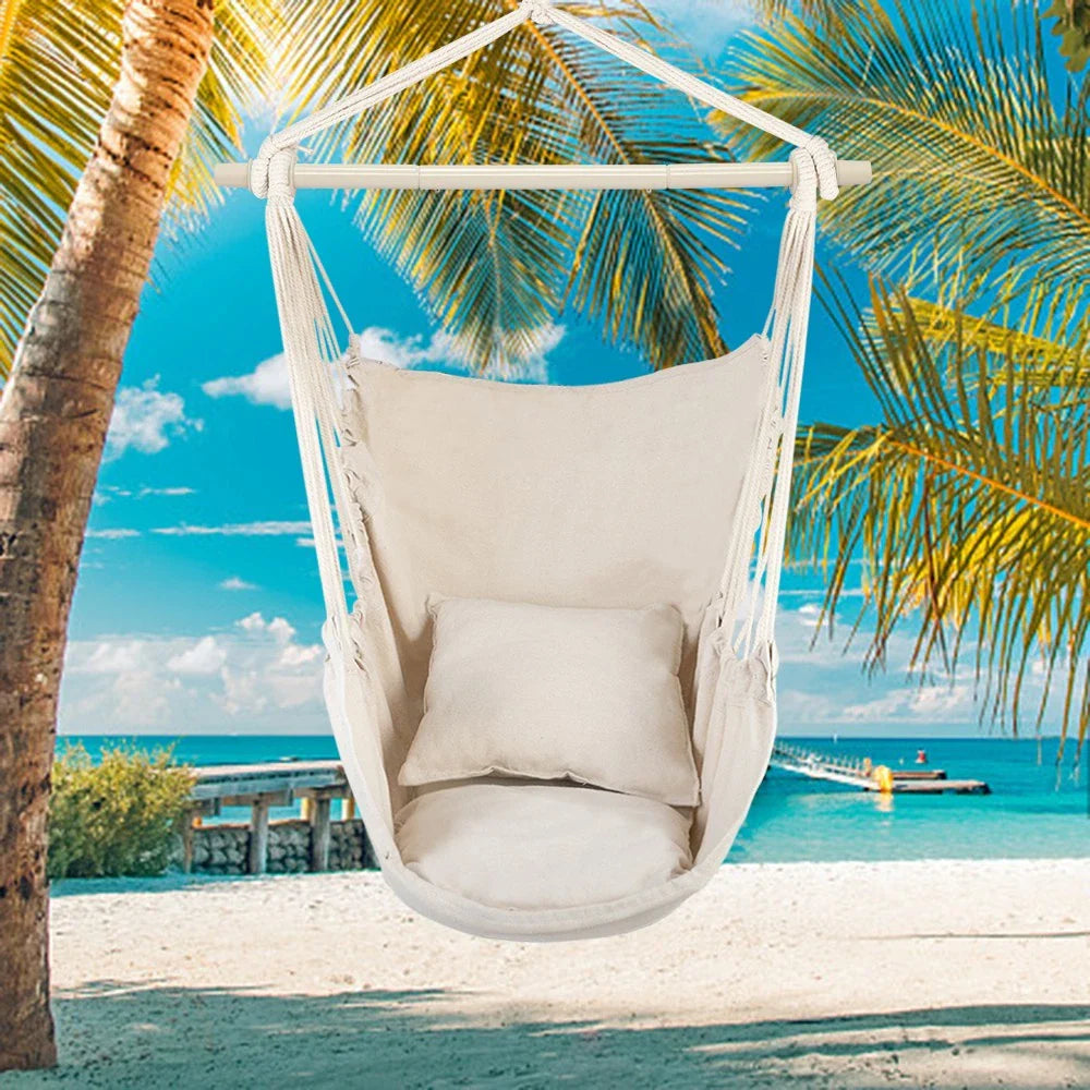Hammock Rope Chair Swing Seat with Pillows for Patio and Camping