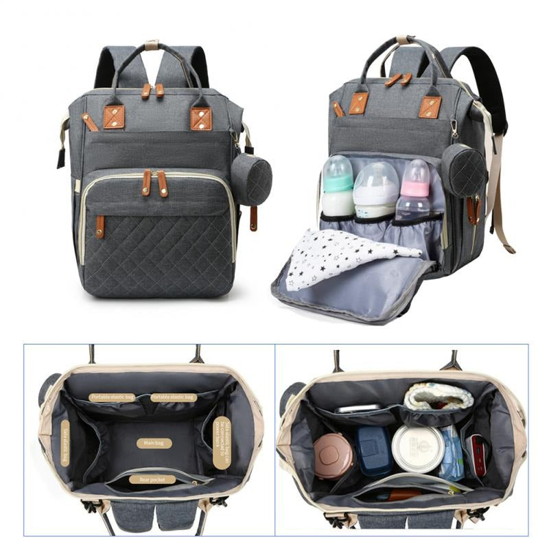 Quilted Large Capacity Diaper Backpack Baby Bag with Leather Accents